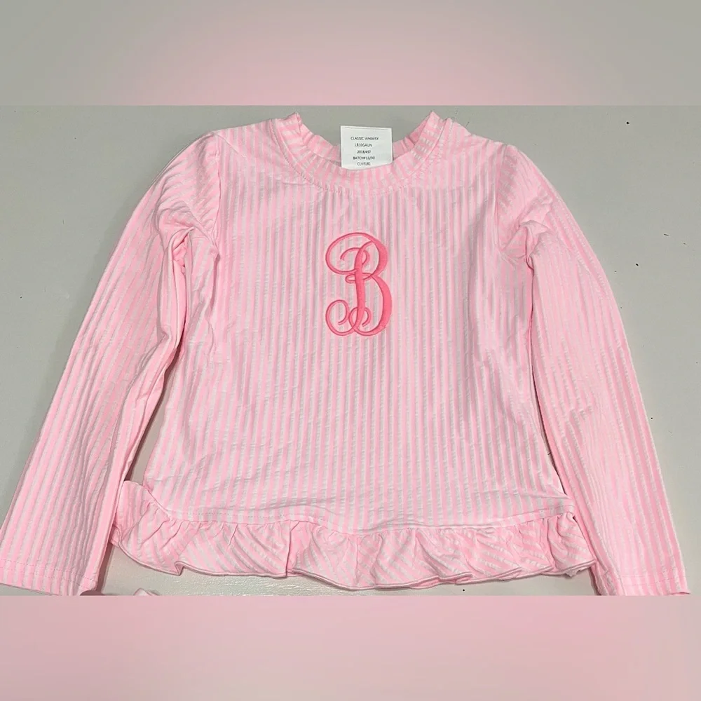 Pink Striped Kids 2 piece bathing suit with monogrammed “B” - Picture 5 of 7